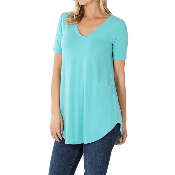Zenana Women's Short Sleeve V Neck Relaxed Fit Casual Round Hem Tee Shirt Top