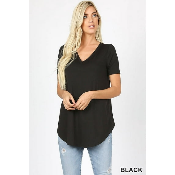 Zenana Women's Short Sleeve V Neck Relaxed Fit Casual Round Hem Tee Shirt Top