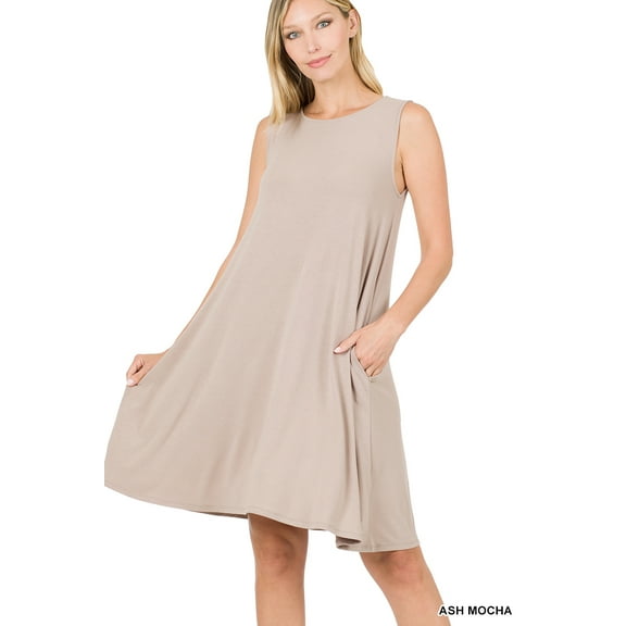 Zenana Women's Sleeveless Jersey Flared Swing Tank Dress with Side Pockets