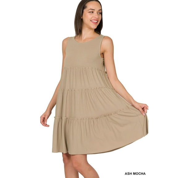Zenana Women's Sleeveless Jersey Ruffle Tiered Knee Length Swing Midi Dress