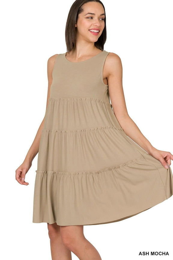 Women's Sleeveless Jersey Ruffle Tiered Knee Length Swing Midi Dress
