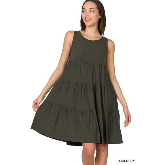 Zenana Women's Sleeveless Jersey Ruffle Tiered Knee Length Swing Midi Dress