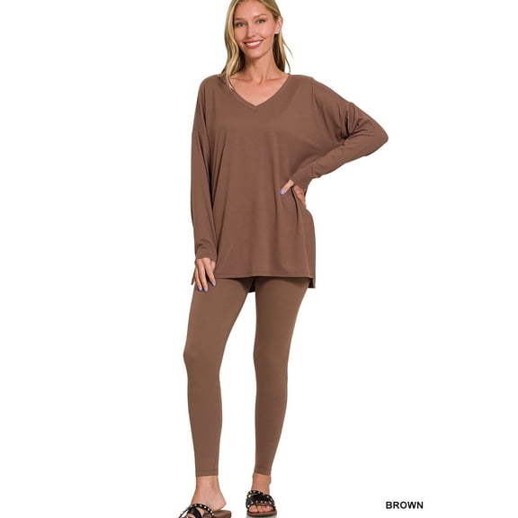 Zenana Women's Soft Brushed Fabric V-Neck Long Sleeve Top & Leggings - 2 Pieces Set