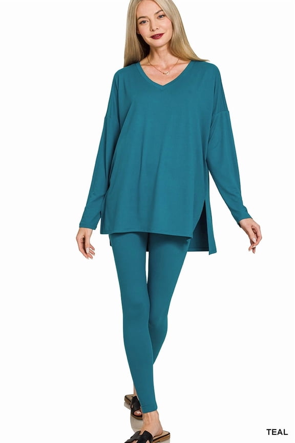 Women's Soft Brushed Fabric V-Neck Long Sleeve Top & Leggings - 2 Pieces Set