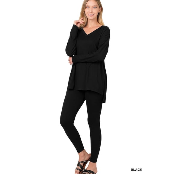 Zenana Women's Soft Brushed Fabric V-Neck Long Sleeve Top & Leggings - 2 Pieces Set