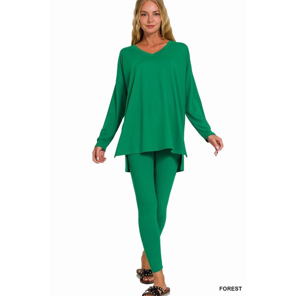 Zenana Women's Soft Brushed Fabric V-Neck Long Sleeve Top & Leggings - 2 Pieces Set