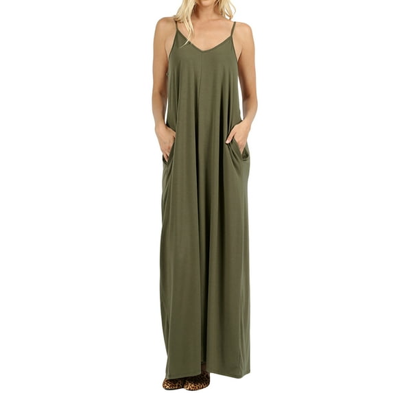 Zenana Women's V-Neck Draped Jersey Beach Summer Cami Long Maxi Dress with Side Pockets