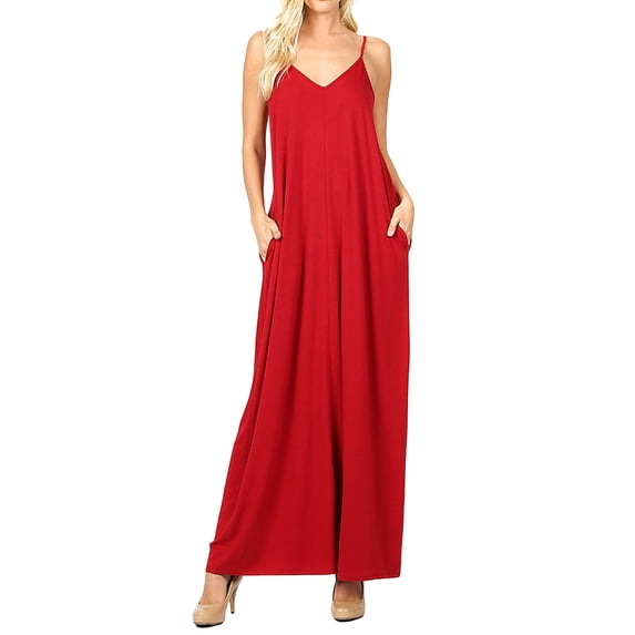 Zenana Women's V-Neck Draped Jersey Beach Summer Cami Long Maxi Dress with Side Pockets