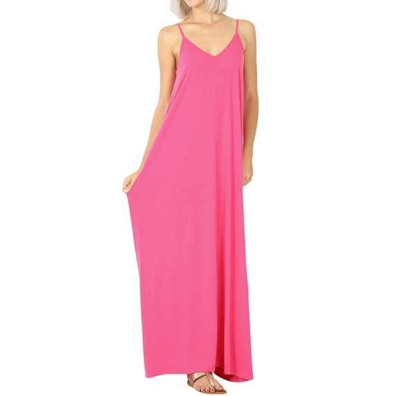 Zenana Women's V-Neck Draped Jersey Beach Summer Cami Long Maxi Dress with Side Pockets
