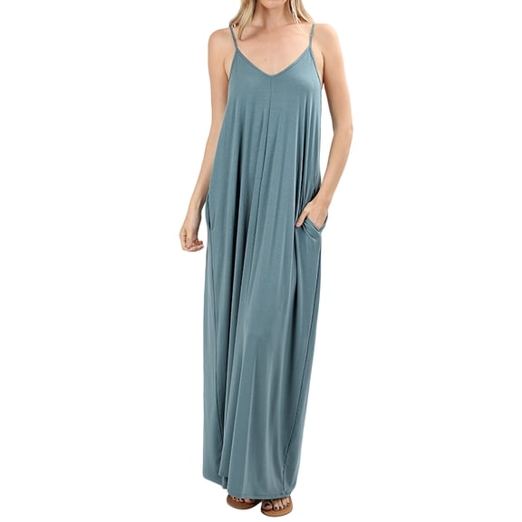 Zenana Women's V-Neck Draped Jersey Beach Summer Cami Long Maxi Dress with Side Pockets