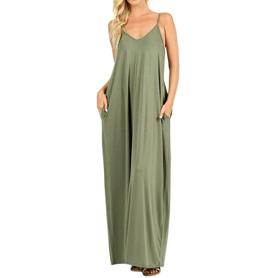 Zenana Women's V-Neck Draped Jersey Beach Summer Cami Long Maxi Dress with Side Pockets