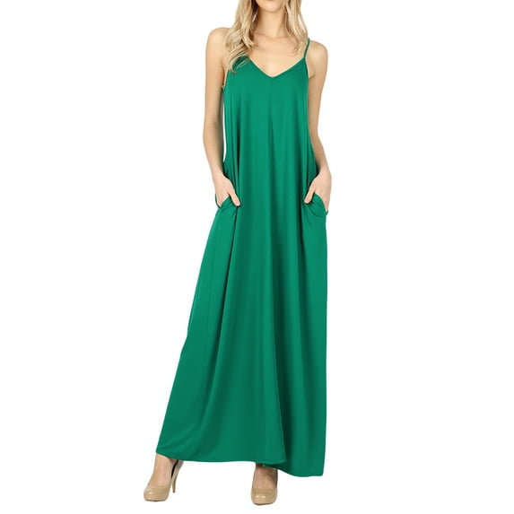 Zenana Women's V-Neck Draped Jersey Beach Summer Cami Long Maxi Dress with Side Pockets
