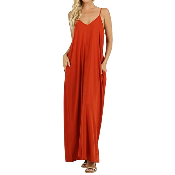 Zenana Women's V-Neck Draped Jersey Beach Summer Cami Long Maxi Dress with Side Pockets