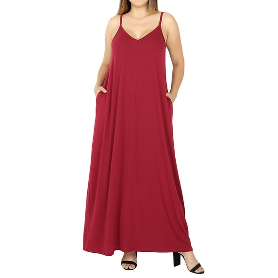 Zenana Women's V-Neck Draped Jersey Beach Summer Cami Long Maxi Dress with Side Pockets