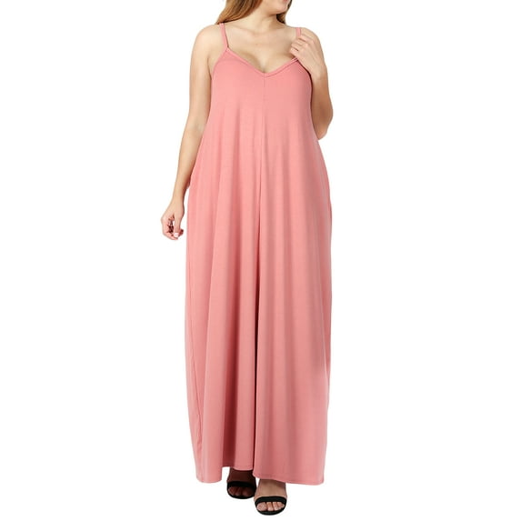 Zenana Women's V-Neck Draped Jersey Beach Summer Cami Long Maxi Dress with Side Pockets