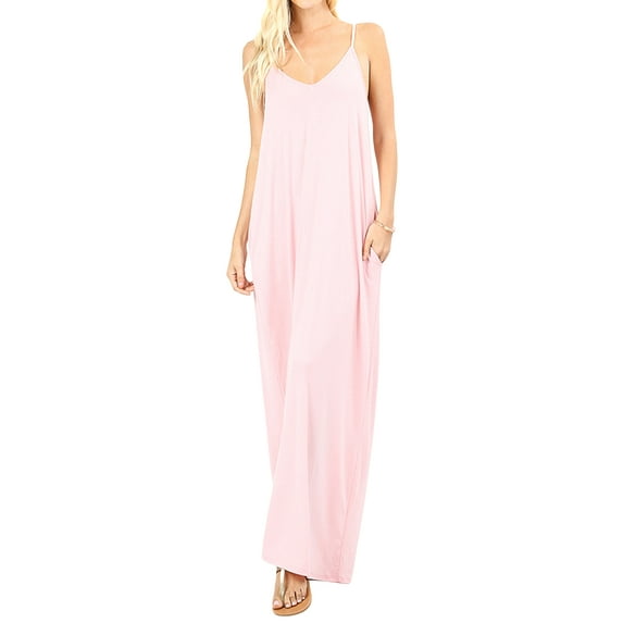 Zenana Women's V-Neck Draped Jersey Beach Summer Cami Long Maxi Dress with Side Pockets