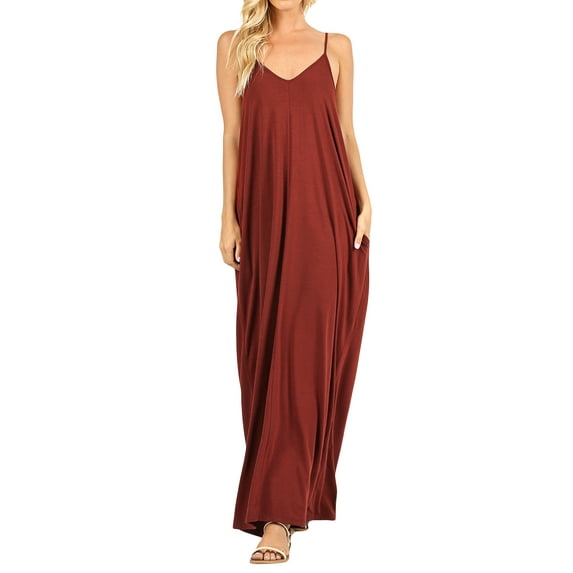 Zenana Women's V-Neck Draped Jersey Beach Summer Cami Long Maxi Dress with Side Pockets