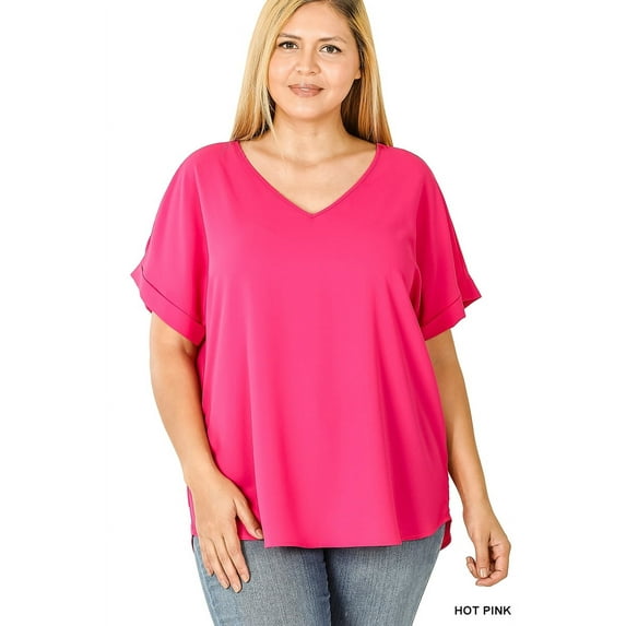 Zenana Women's V-Neck Heavy Dobby Boat Neck Rolled Short Sleeve Blouse Top