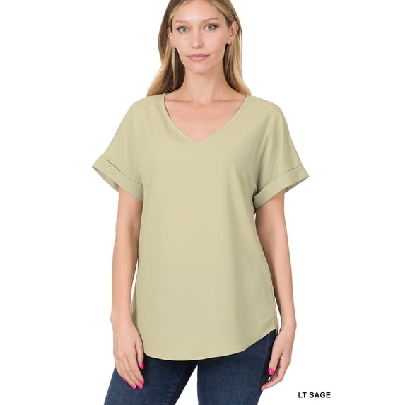 Zenana Women's V-Neck Heavy Dobby Boat Neck Rolled Short Sleeve Blouse Top