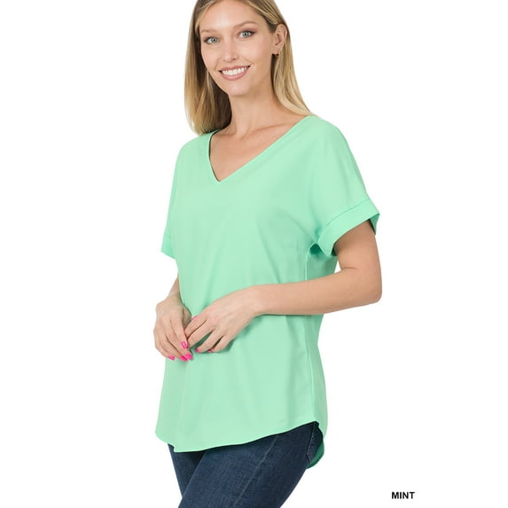 Zenana Women's V-Neck Heavy Dobby Boat Neck Rolled Short Sleeve Blouse Top