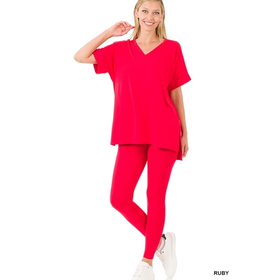 Zenana Women's V-Neck Short Sleeve & Leggings Comfy Loungewear Activewear Set