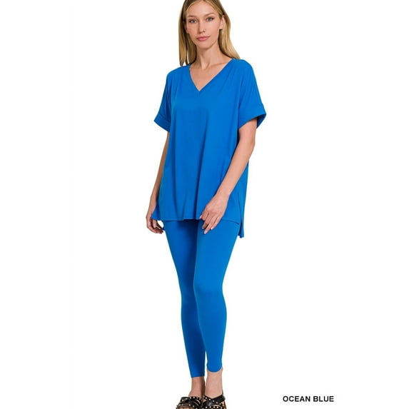 Zenana Women's V-Neck Short Sleeve & Leggings Comfy Loungewear Activewear Set