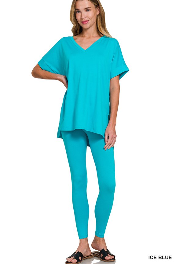 Women's V-Neck Short Sleeve & Leggings Comfy Loungewear Activewear Set