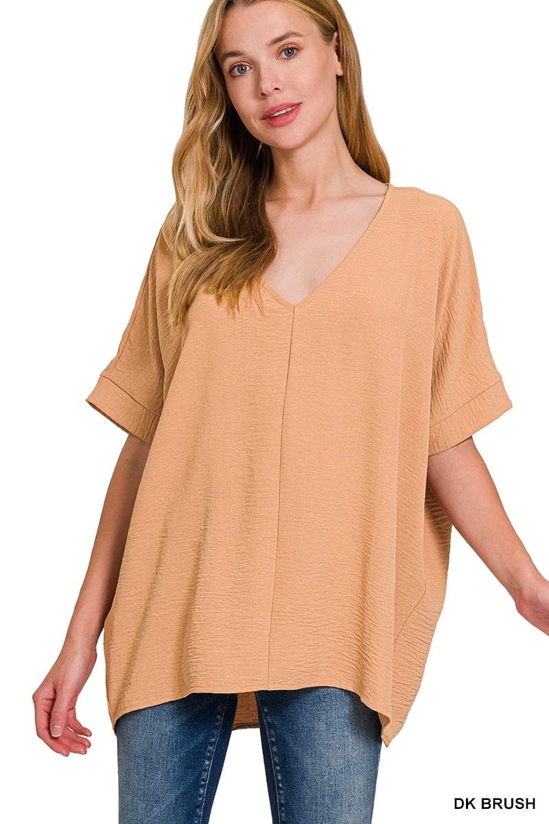 Zenana Woven Airflow V-neck Puff Half Sleeve Top main image 1
