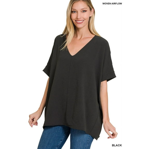 Zenana Women's V Neck Woven Airflow Dolman Short Sleeve Hi-Low Blouse Top