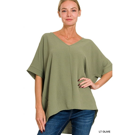 Zenana Women's V Neck Woven Airflow Dolman Short Sleeve Hi-Low Blouse Top