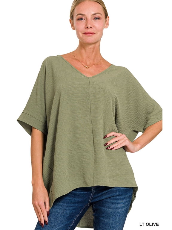 Women's V Neck Woven Airflow Dolman Short Sleeve Hi-Low Blouse Top