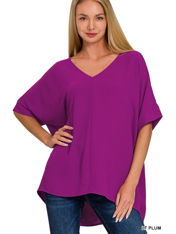 Women's V Neck Woven Airflow Dolman Short Sleeve Hi-Low Blouse Top
