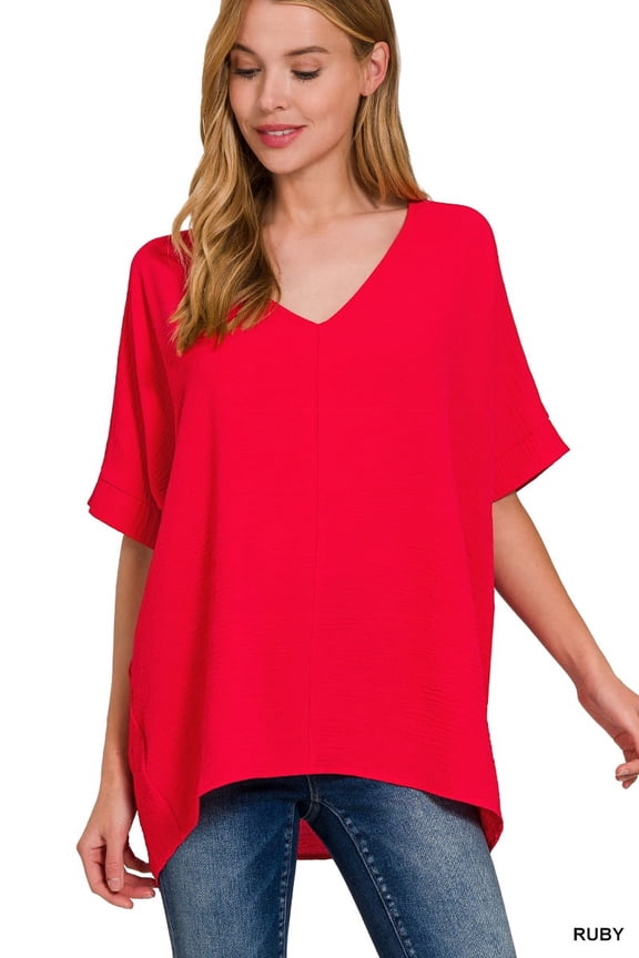 Women's V Neck Woven Airflow Dolman Short Sleeve Hi-Low Blouse Top