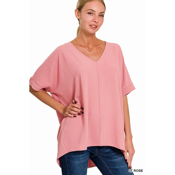 Zenana Women's V Neck Woven Airflow Dolman Short Sleeve Hi-Low Blouse Top