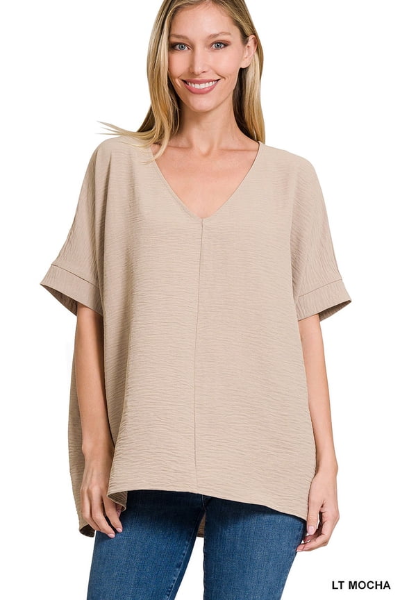 Women's V Neck Woven Airflow Dolman Short Sleeve Hi-Low Blouse Top