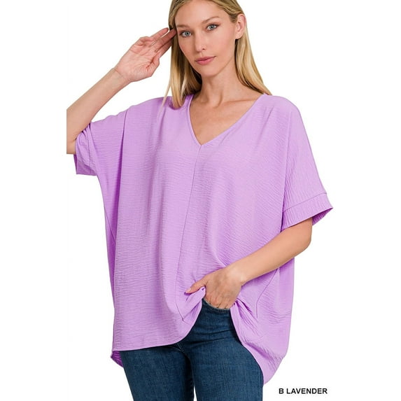 Zenana Women's V Neck Woven Airflow Dolman Short Sleeve Hi-Low Blouse Top
