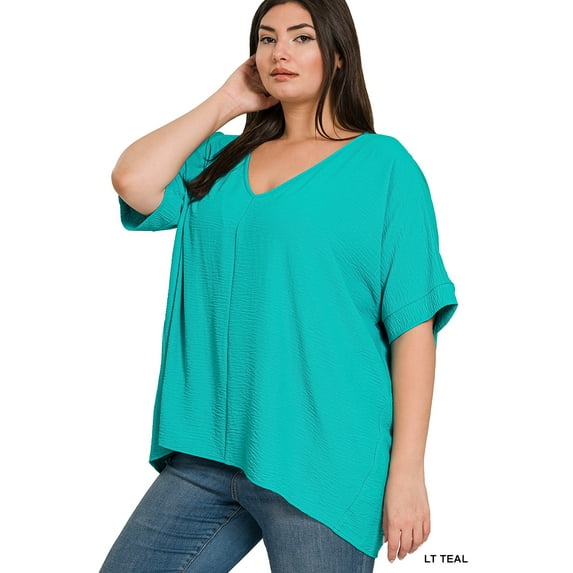 Zenana Women's V Neck Woven Airflow Dolman Short Sleeve Hi-Low Blouse Top