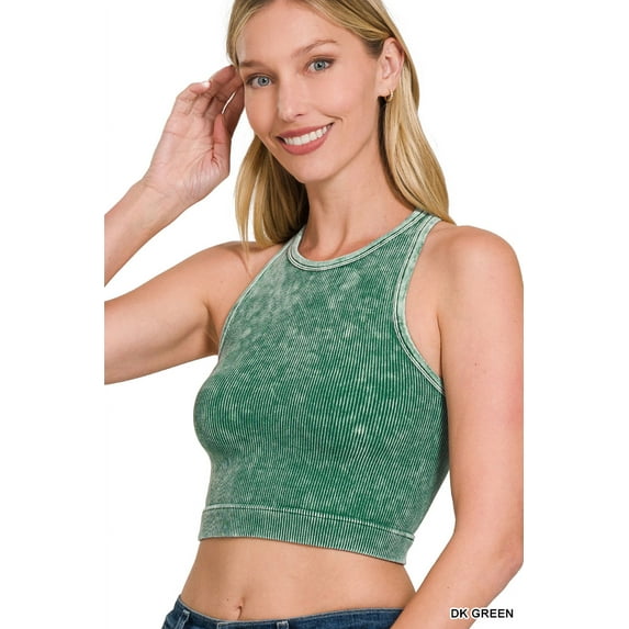 Zenana Women's Washed Ribbed Seamless High Neck Nylon Cropped Racer Back Tank Top