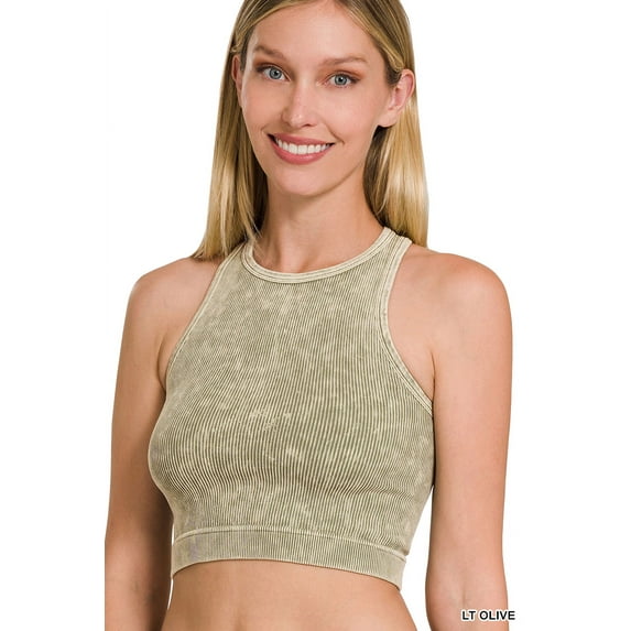 Zenana Women's Washed Ribbed Seamless High Neck Nylon Cropped Racer Back Tank Top