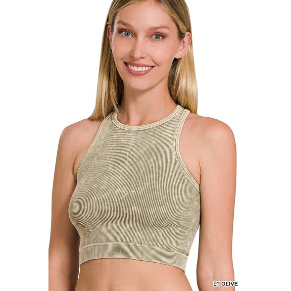 Zenana Women's Washed Ribbed Seamless High Neck Nylon Cropped Racer Back Tank Top