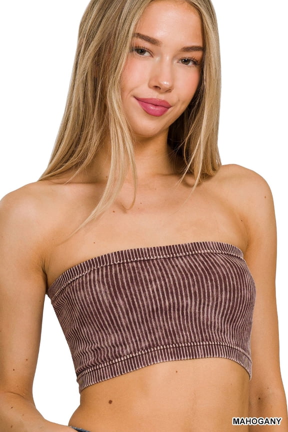 Women's Wide Pattern Knit Washed Ribbed Bandeau Seamless Nylon Cropped Tube Top