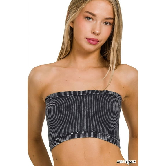 Zenana Women's Wide Pattern Knit Washed Ribbed Bandeau Seamless Nylon Cropped Tube Top