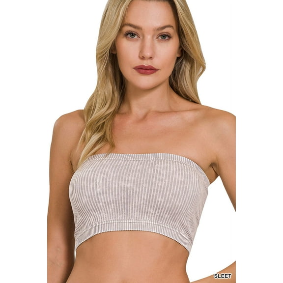 Zenana Women's Wide Pattern Knit Washed Ribbed Bandeau Seamless Nylon Cropped Tube Top