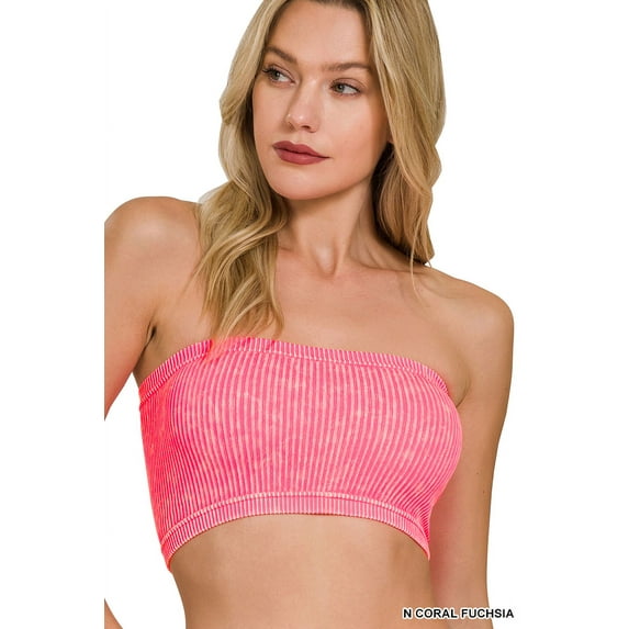 Zenana Women's Wide Pattern Knit Washed Ribbed Bandeau Seamless Nylon Cropped Tube Top