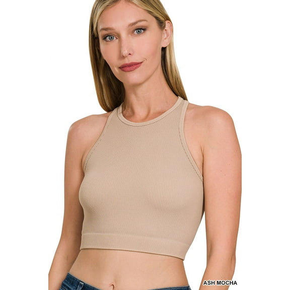 Zenana Women's Ribbed Seamless High Neck Nylon Cropped Racerback Tank Top