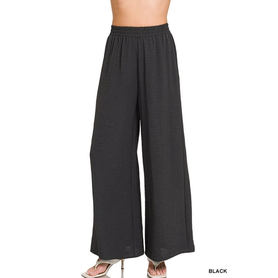 Zenana Women’s Woven Airflow Elastic Waistband Wide-Leg Loose Fit Pants