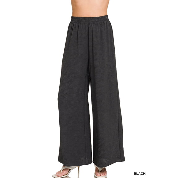 Zenana Women’s Woven Airflow Elastic Waistband Wide-Leg Loose Fit Pants