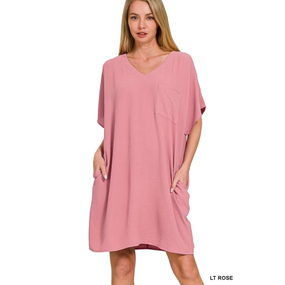 Zenana Women's Woven Airflow V-Neck T-Shirt Dress with Pockets – Casual, Lightweight & Stylish