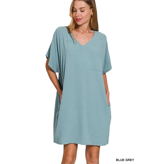 Zenana Women's Woven Airflow V-Neck T-Shirt Dress with Pockets – Casual, Lightweight & Stylish