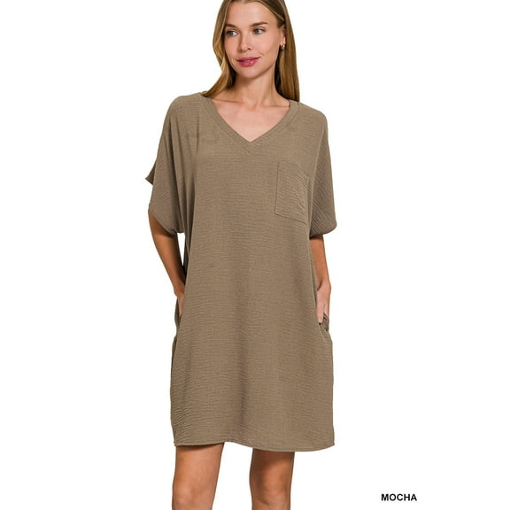 Zenana Women's Woven Airflow V-Neck T-Shirt Dress with Pockets – Casual, Lightweight & Stylish